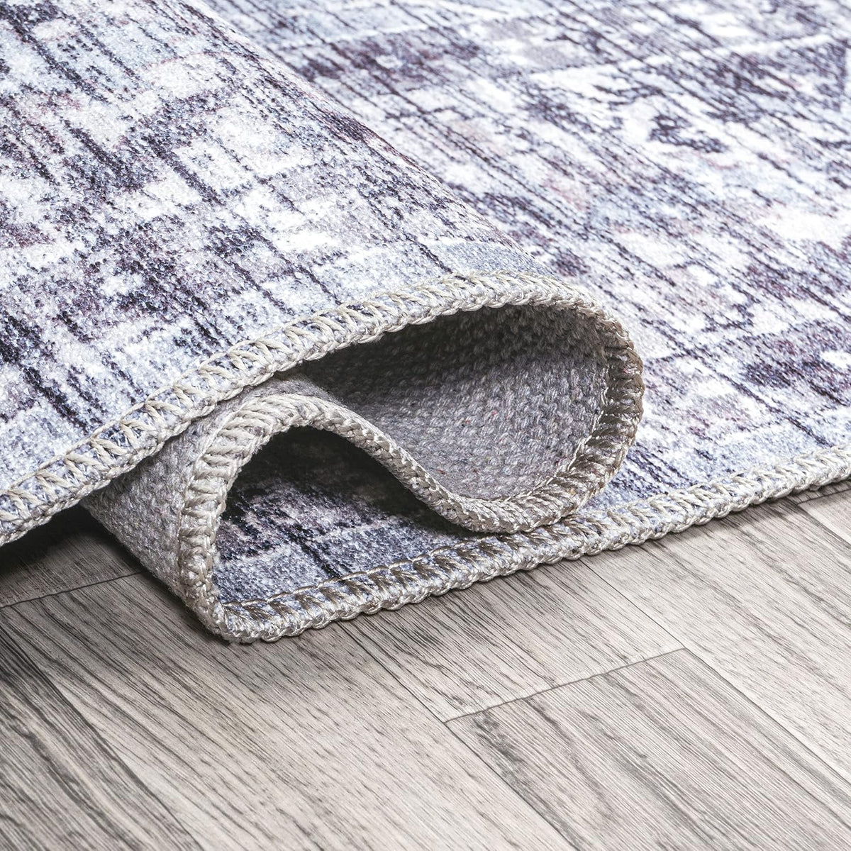 Machine Washable Gray/Purple Round Area Rug 8 ft, Didim Boho Medallion, Easy-Cleaning, High Traffic, Pet-Friendly
