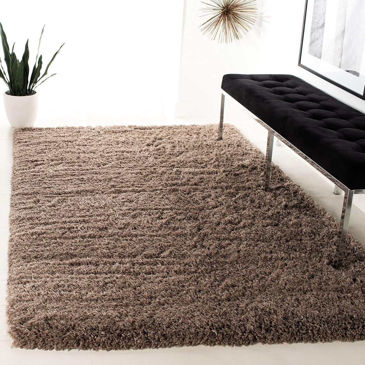 Polar Shag Collection Area Rug - 3' Square, Mushroom, Solid Glam Design, Non-Shedding & Easy Care, 3-inch Thick Ideal