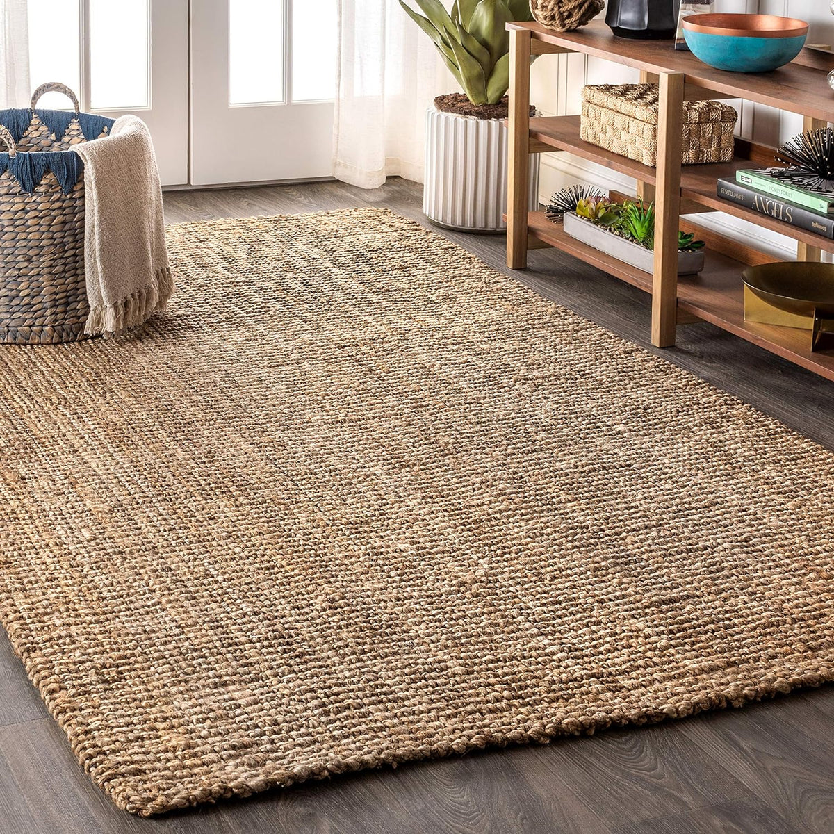 Pata Hand Woven Chunky Jute Natural Area Rug, Bohemian, Rustic, Cottage, Easy-Cleaning