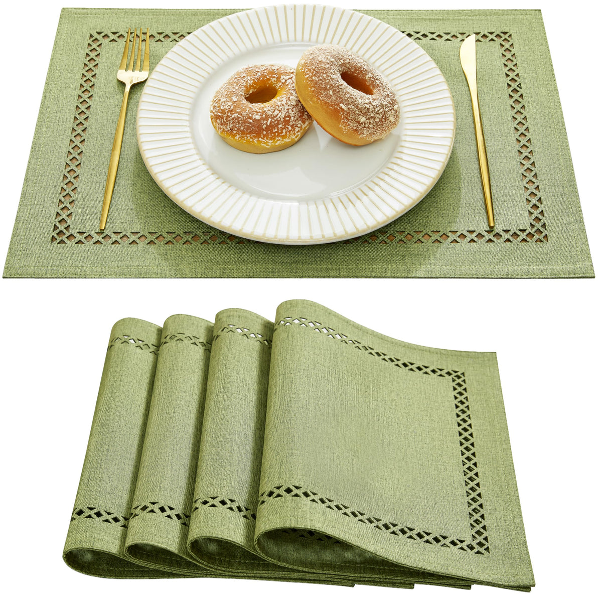 Farmhouse Burlap Hollow Placemats Set of 4, 12 x18 Inch Sage Green