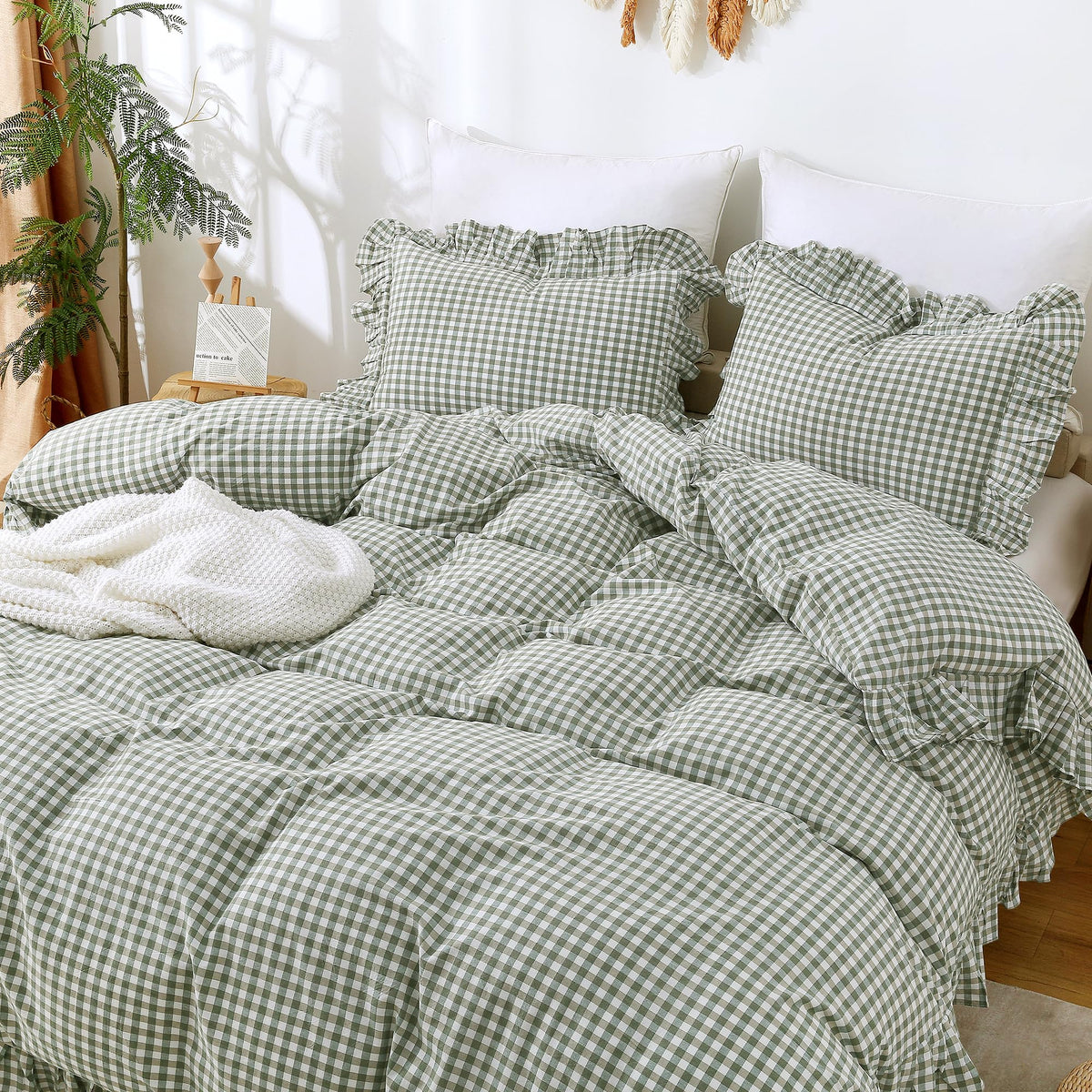 Green Gingham Ruffle Duvet Cover Set Cotton Like Linen