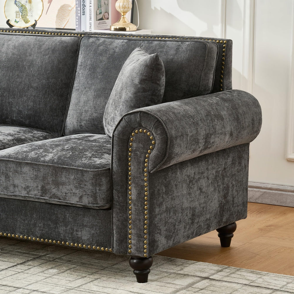 Chesterfield Sofa Set with Rolled Arms, Chenille Fabric 3-Seater and Loveseat Sofa Set with Wood Legs & Nailhead