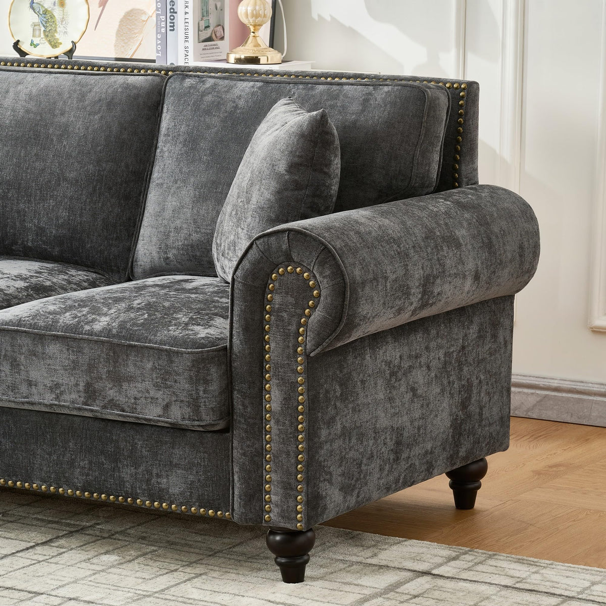 Chesterfield Sofa Set with Rolled Arms, Chenille Fabric 3-Seater and Loveseat Sofa Set with Wood Legs & Nailhead