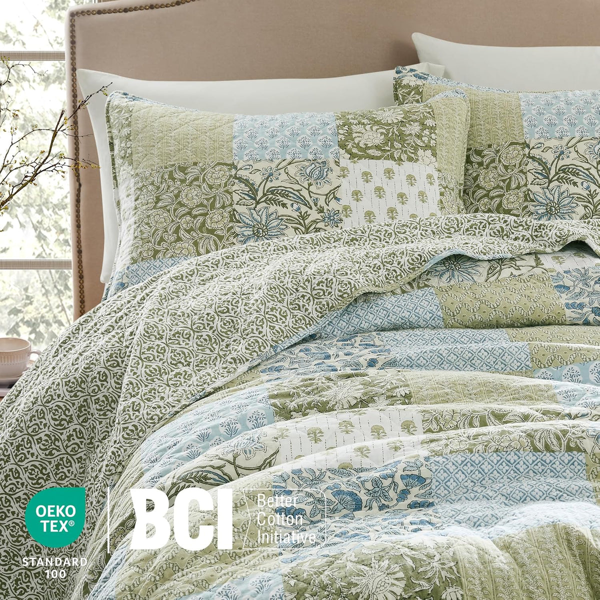 100% Cotton Reversible Patchwork Quilt Queen, Lightweight Farmhouse Vintage Shabby Chic Bedding Set with 2 Pillow