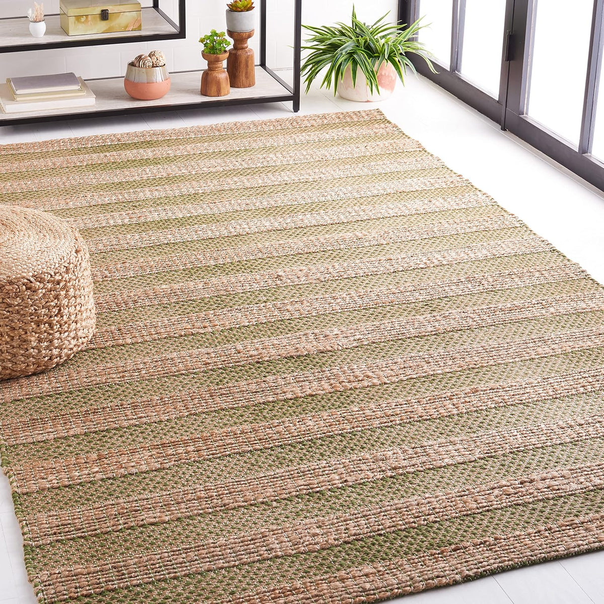Natural Fiber Area Rug, Green & Natural, Handmade Boho Farmhouse Rustic Jute & Cotton Jute