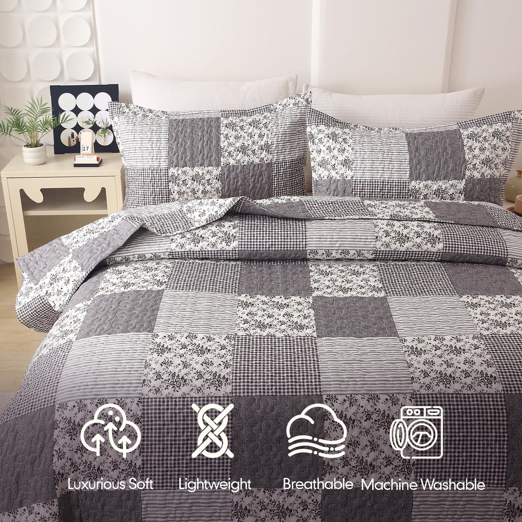 3Pcs Quilt Set, Floral Prints and Stripes with Patchwork Pattern
