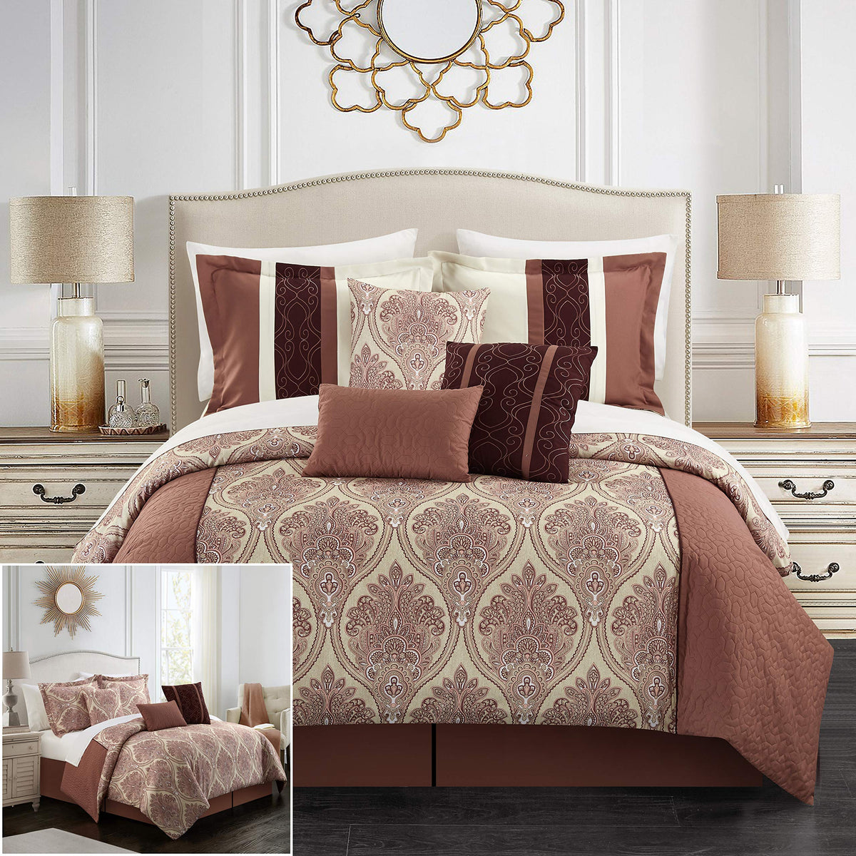 Phantogram 7 Piece Comforter Set Reversible Two-Tone Damask Pattern Geometric Quilting Bed Skirt