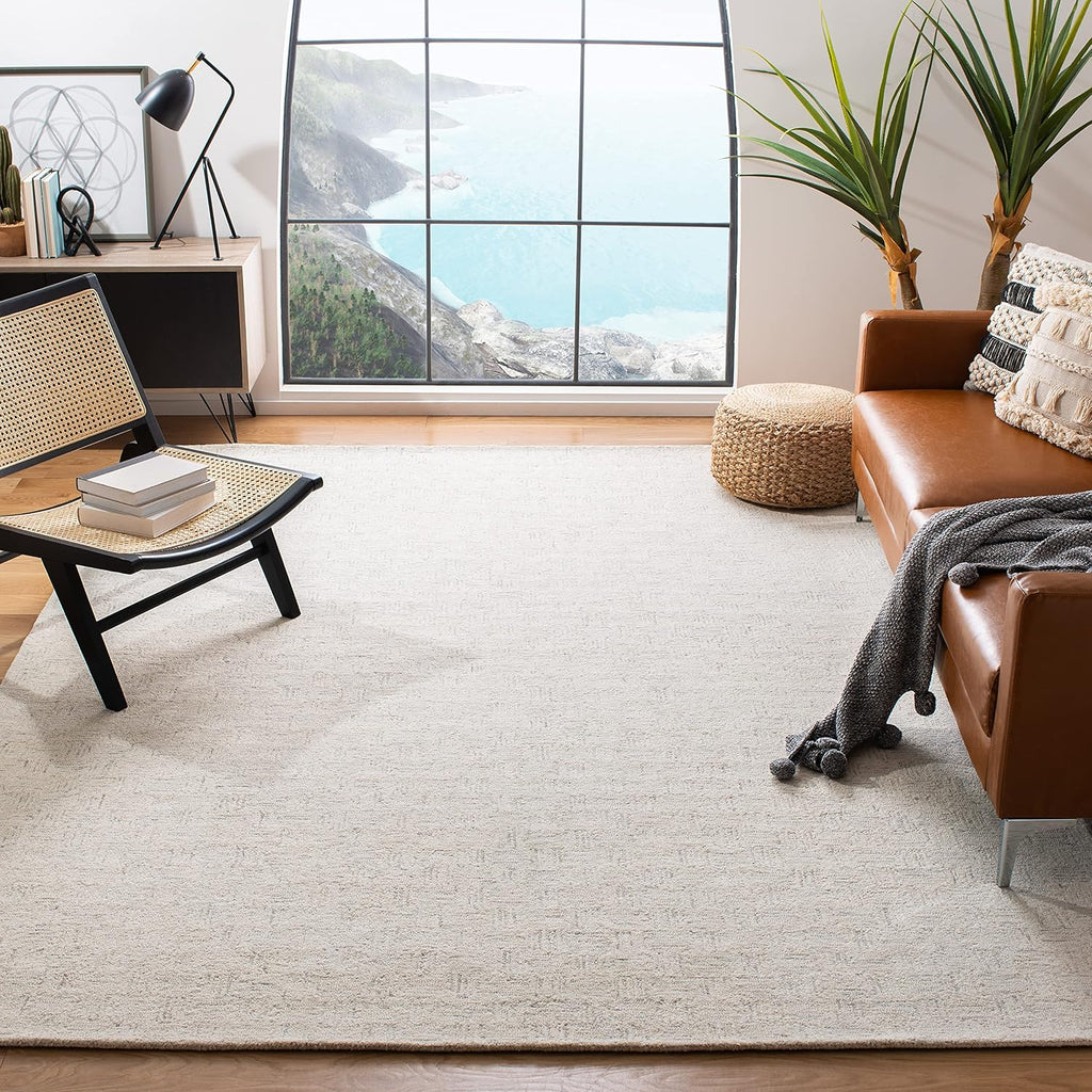 Area Rug - Micro-Loop Collection - Large - Light Grey & Ivory, Handmade Wool, Ideal, Dining Space (MLP537F)