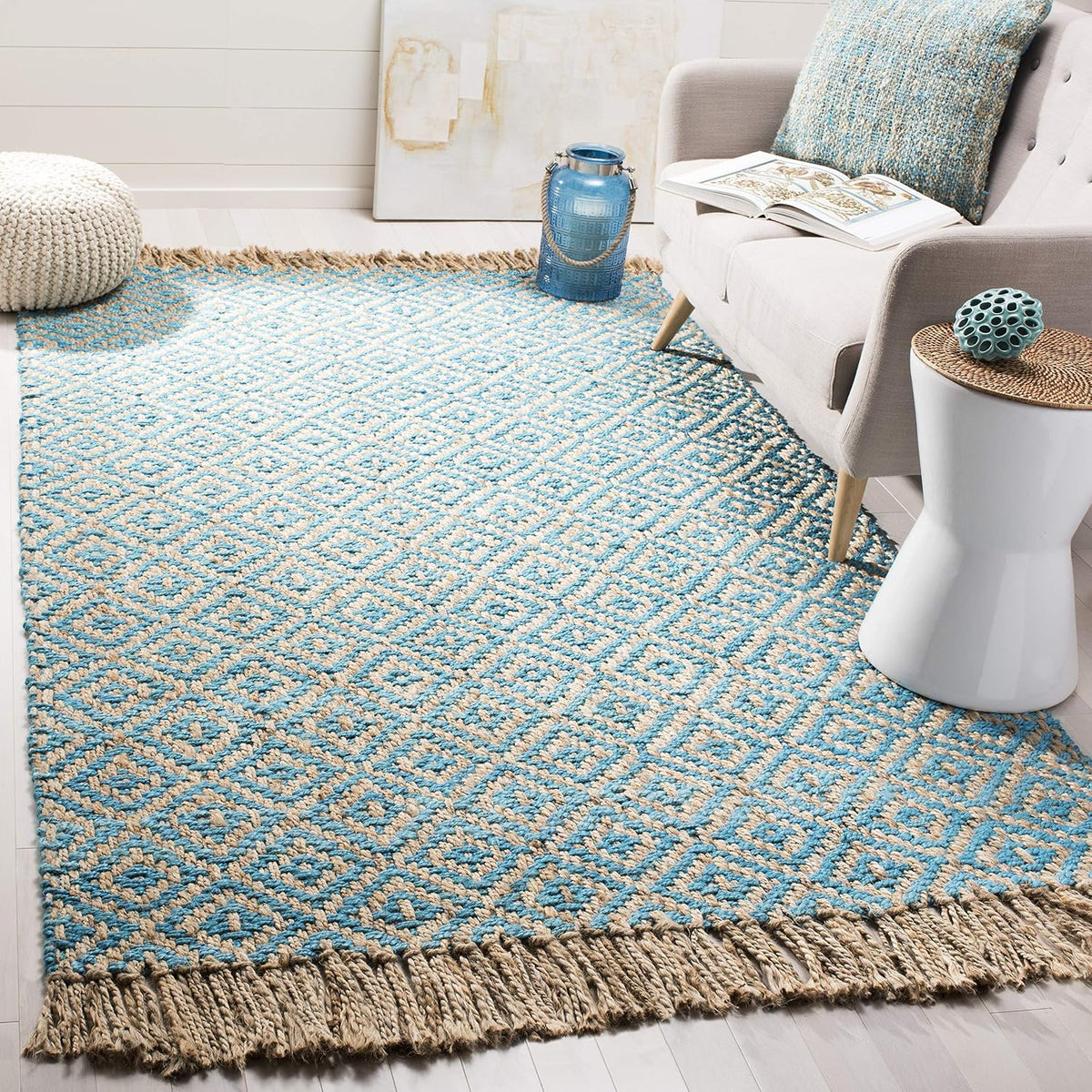 Natural Fiber Collection Area Rug - 6' Square, Turquoise & Natural, Handmade Boho Diamond Tassel Jute, Ideal for High
