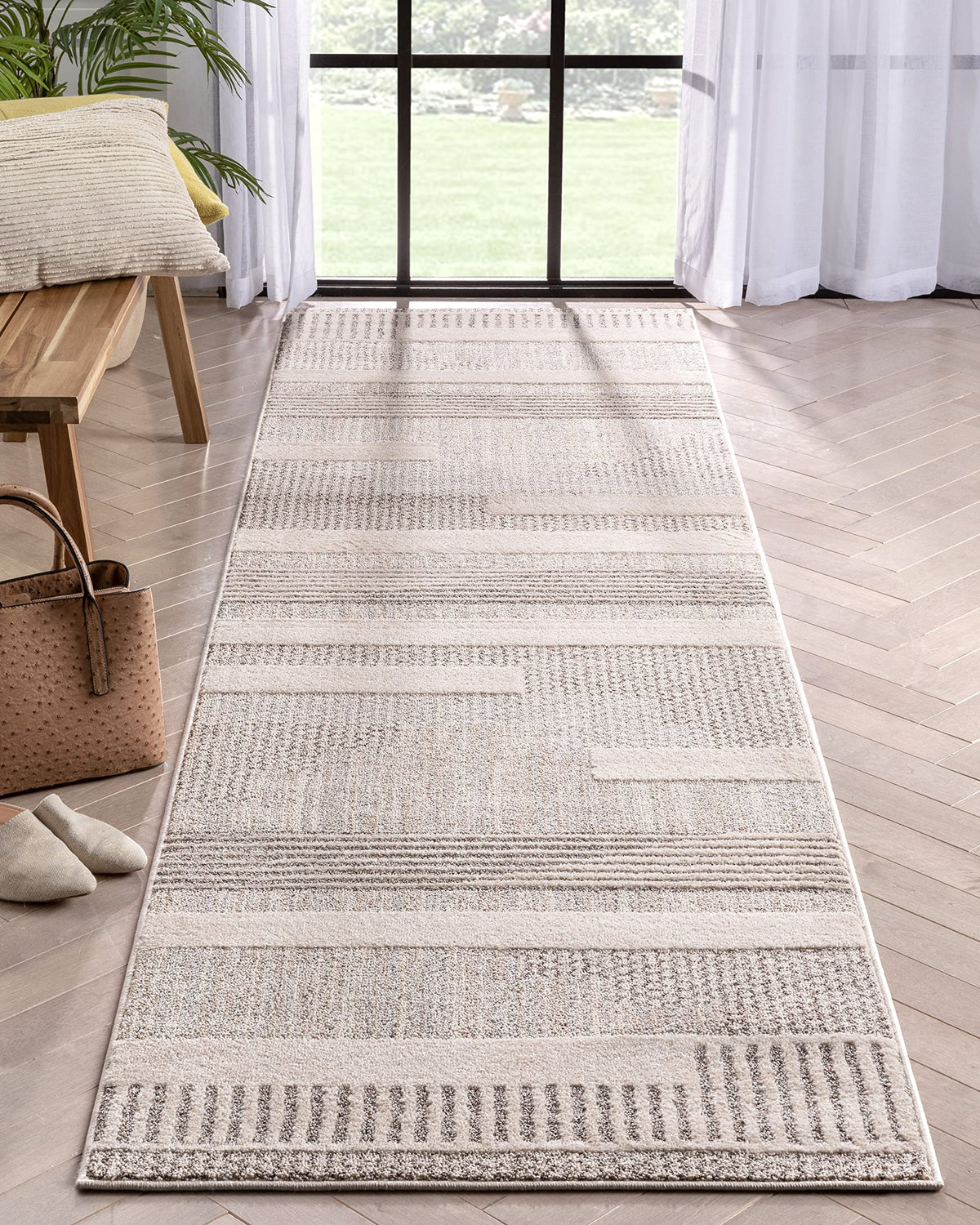 Harlow Collection Briar Beige - Modern Tribal Minimalist Geometric Runner Rug - Ideal - Durable, Stain Resistant