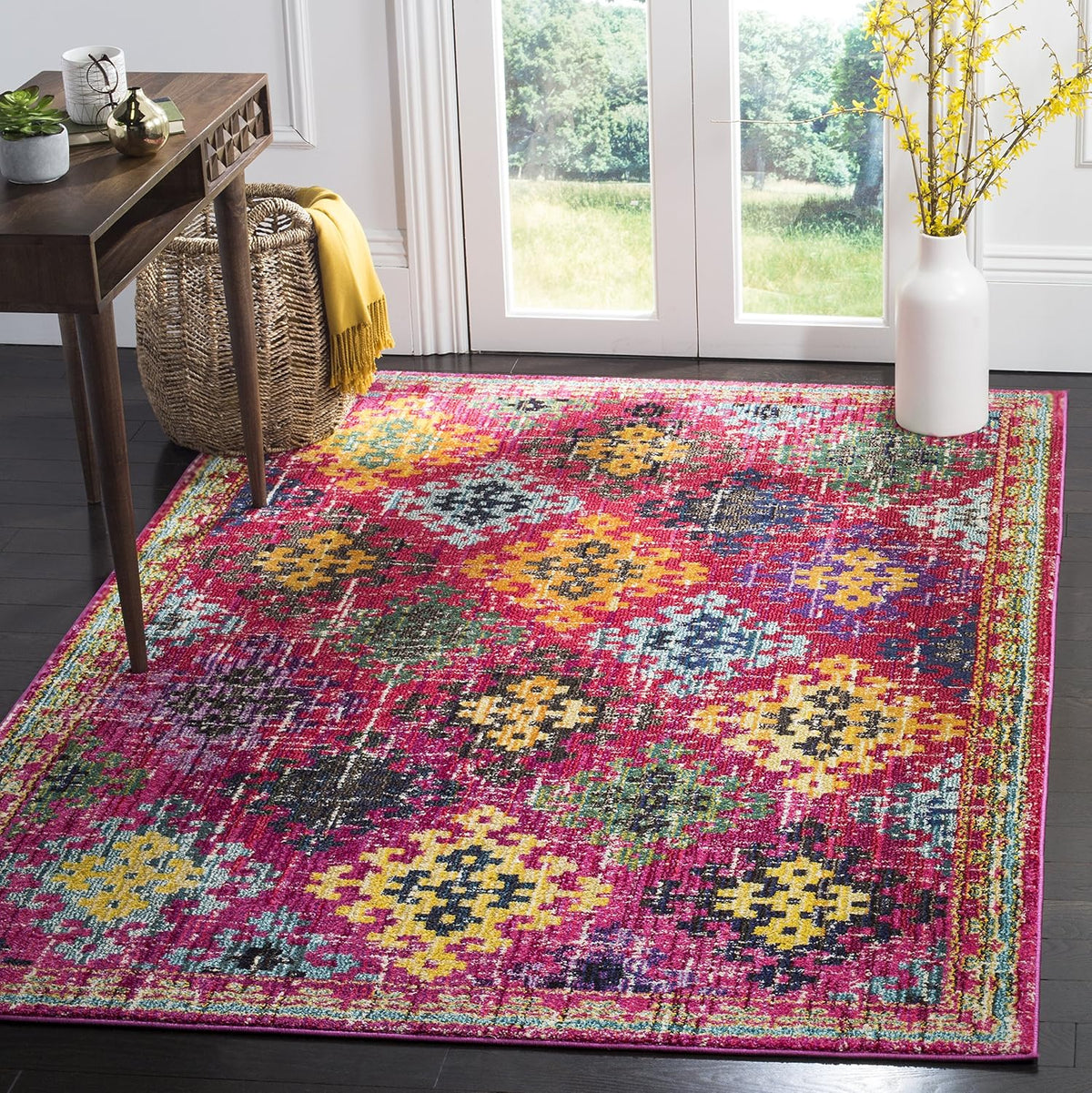 Monaco Collection Area Rug - 5'1" x 7'7", Fuchsia & Multi, Boho Diamond Trellis Design, Non-Shedding & Easy Care