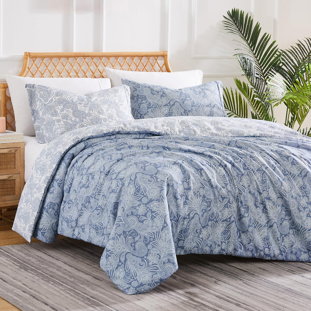 Oversized King Size Comforter Set, Down Alternative Paisley Bedspread, Blue