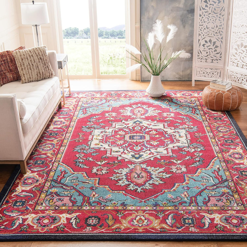 Monaco Collection Area Rug, Red & Turquoise, Boho Oriental Medallion Design, Non-Shedding & Easy Care