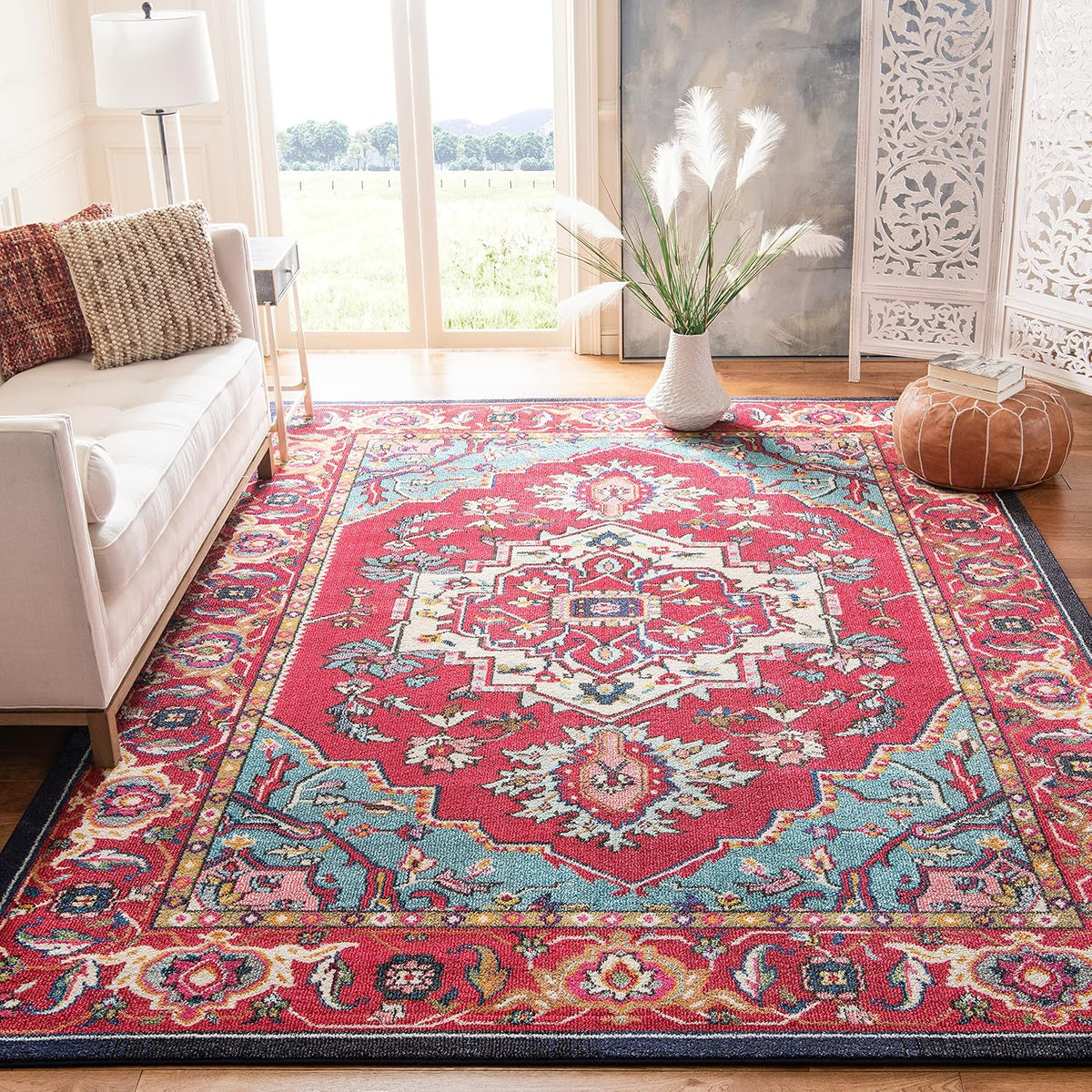 Monaco Collection X-Large Area Rug - 12' x 18', Red & Turquoise, Boho Oriental Medallion Design, Non-Shedding & Easy