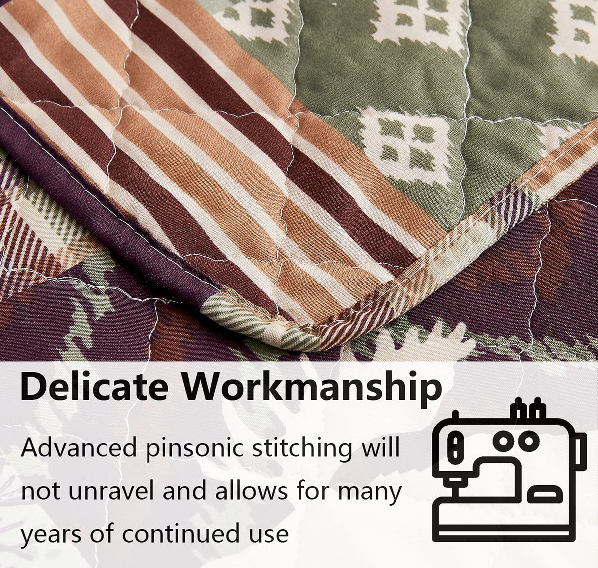 3-Piece Moose Pine Tree Reversible Quilt Set, Checked Color Stripe Rustic Home Lodge The Wilds Quilted Bedspread