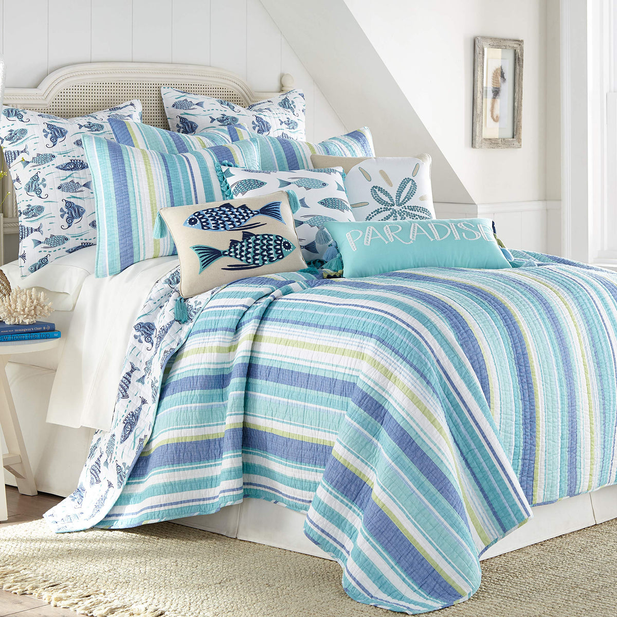 Laida Beach Quilt Set - Quilt + Two Standard Pillow Shams - Coastal Stripe - Green, Blue, White - Quilt