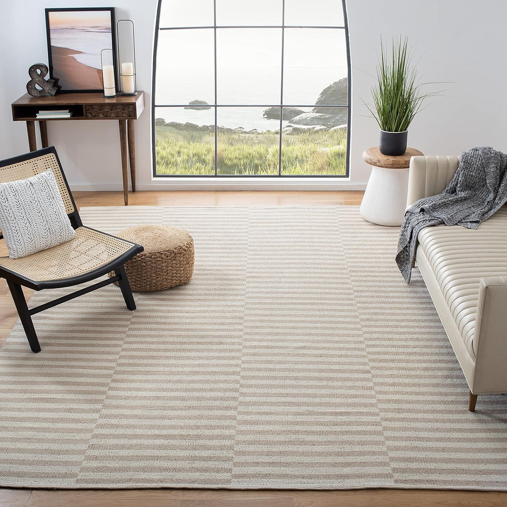 Montauk Collection Area Rug, Ivory & Light Grey, Handmade Stripe Cotton, Ideal for High Traffic Areas in