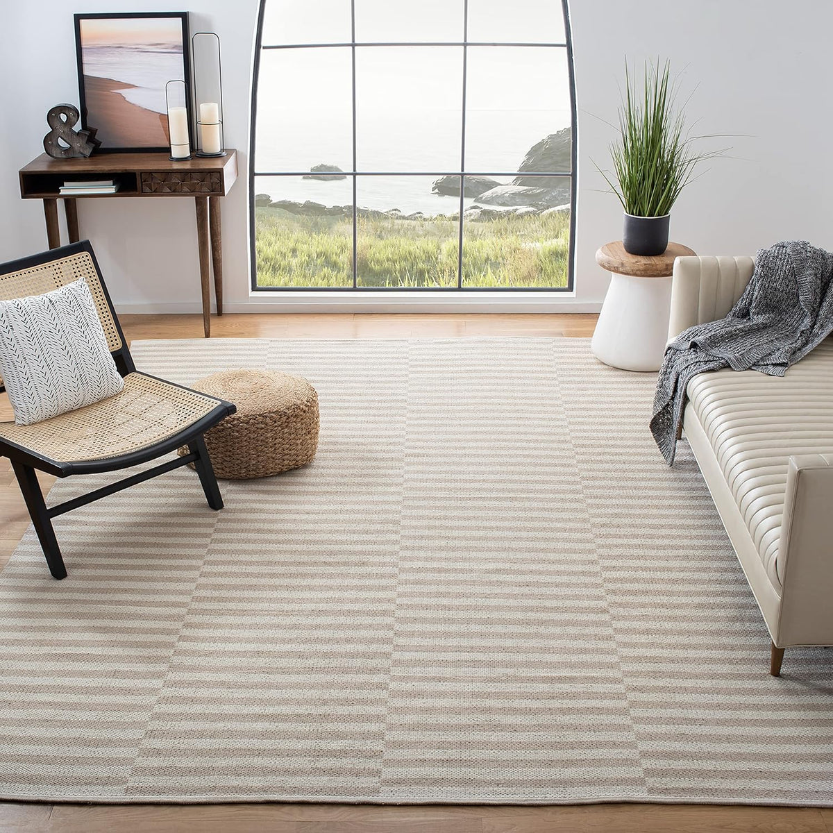 Montauk Collection Area Rug, Ivory & Light Grey, Handmade Stripe Cotton, Ideal for High Traffic Areas in