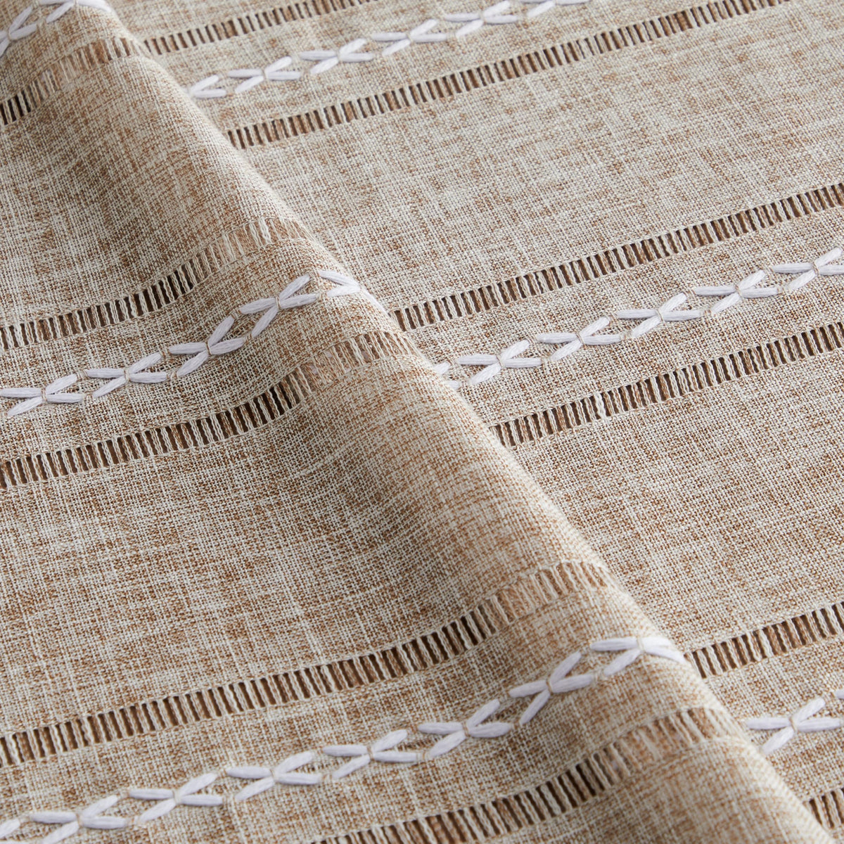 Hemstitched Striped Boho Table Cloth, 54 Inch Round Natural