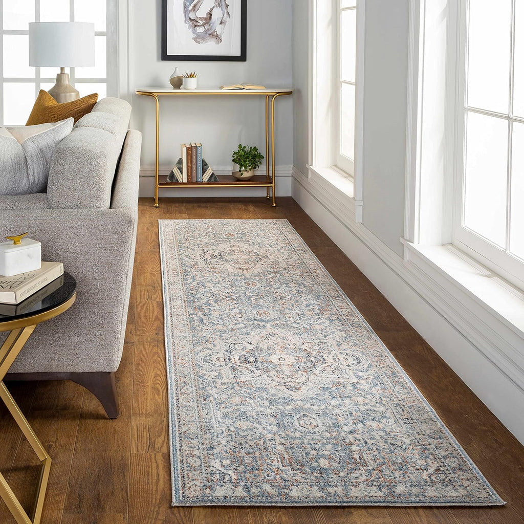 Warminister Hallway, Kitchen Runner Rug - Medallion Floral Border Distressed Faded - Traditional Oriental