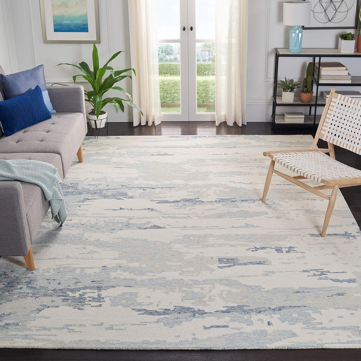 Abstract Collection Area Rug, Ivory & Blue, Handmade Abstract Wool, Ideal for High Traffic Areas in