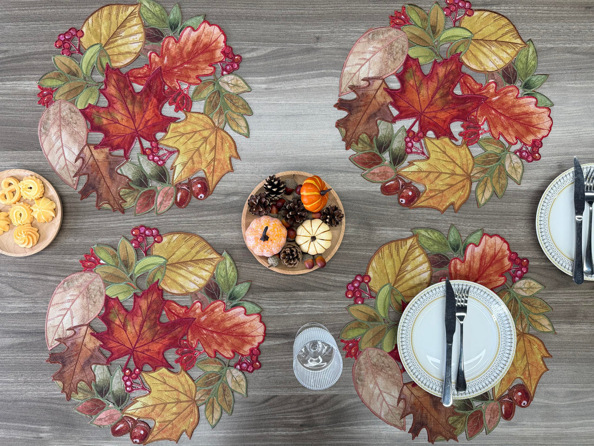 Fall Placemats Set of 4, 15 Inch Round Autumn Maple Leaves Cutwork Embroidered Placemats, Harvest Thanksgiving Table