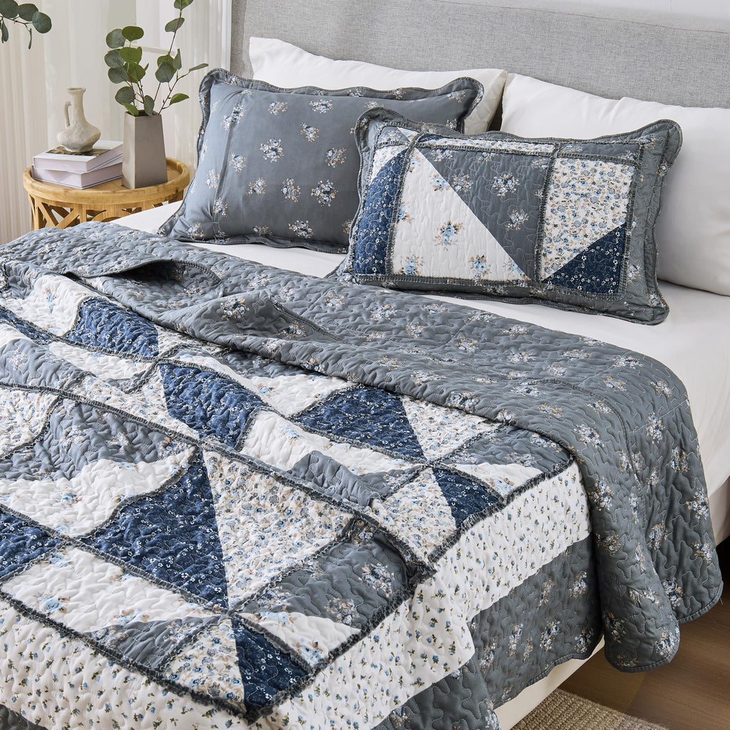 Quilt Bedding Set Grey Floral Patchwork Quilted Bedspread Set