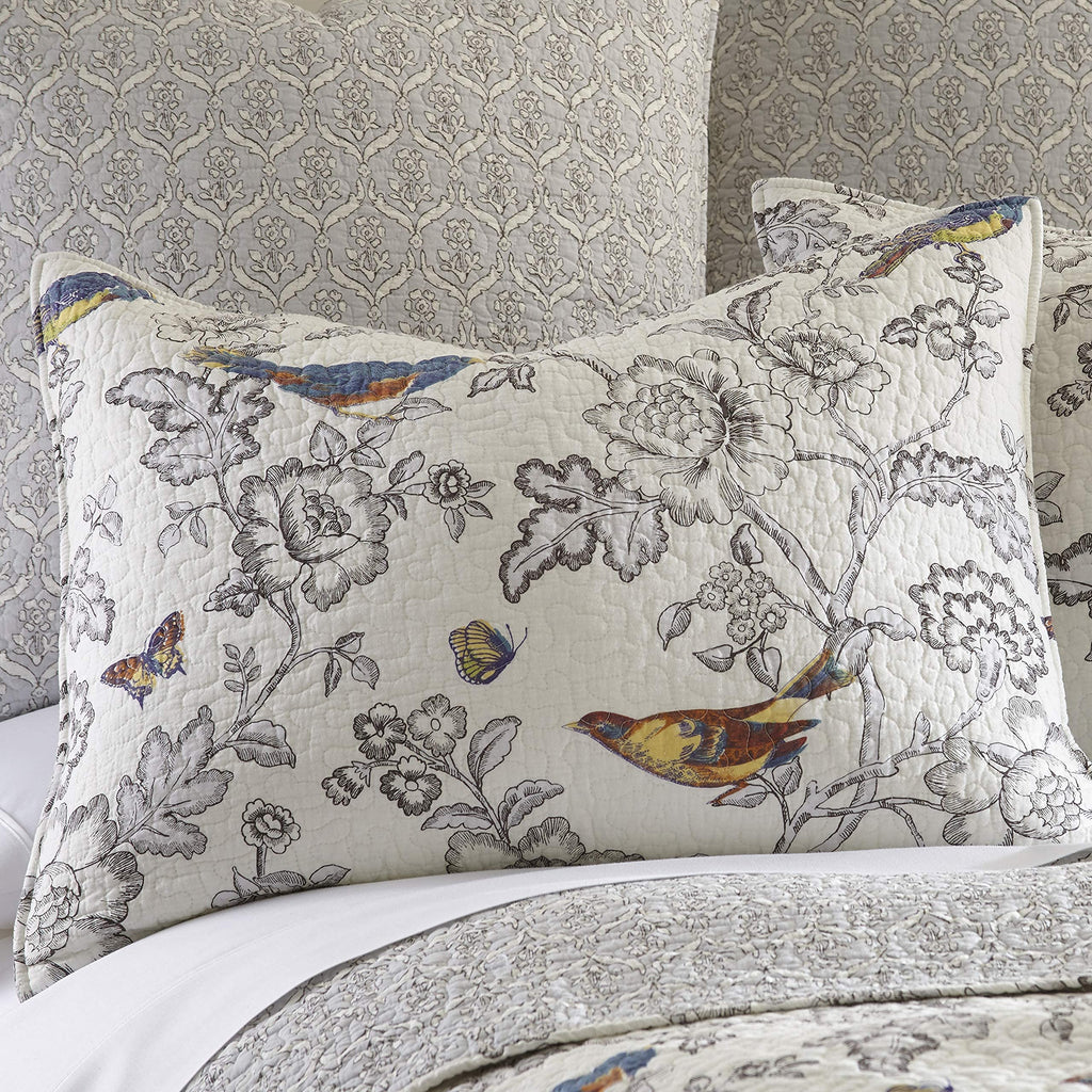 Mockingbird Quilt Set - Quilt 68x86in. + One Standard Pillow Sham 26x20in. - Grey Toile with Birds and