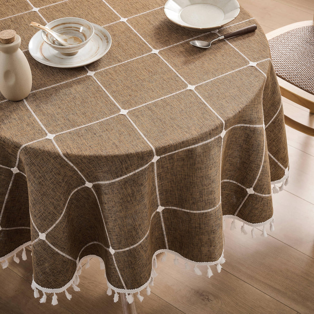 Boho Round Grid Tablecloth with Tassels, Caramel 52in