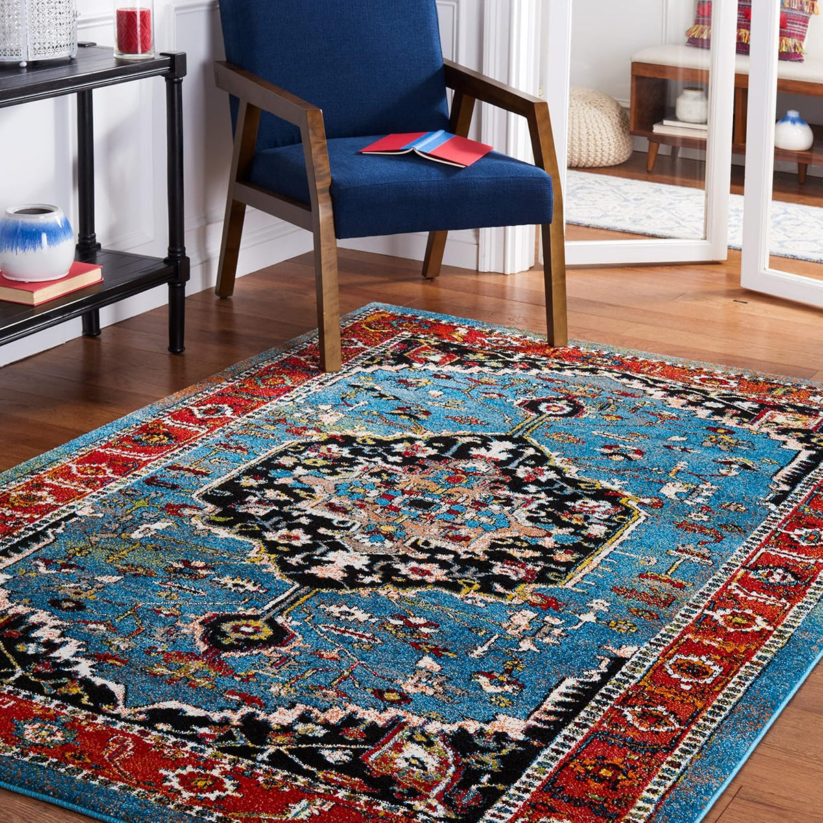 Vintage Hamadan Collection Area Rug, Blue & Red, Traditional Oriental Medallion Design, Non-Shedding &
