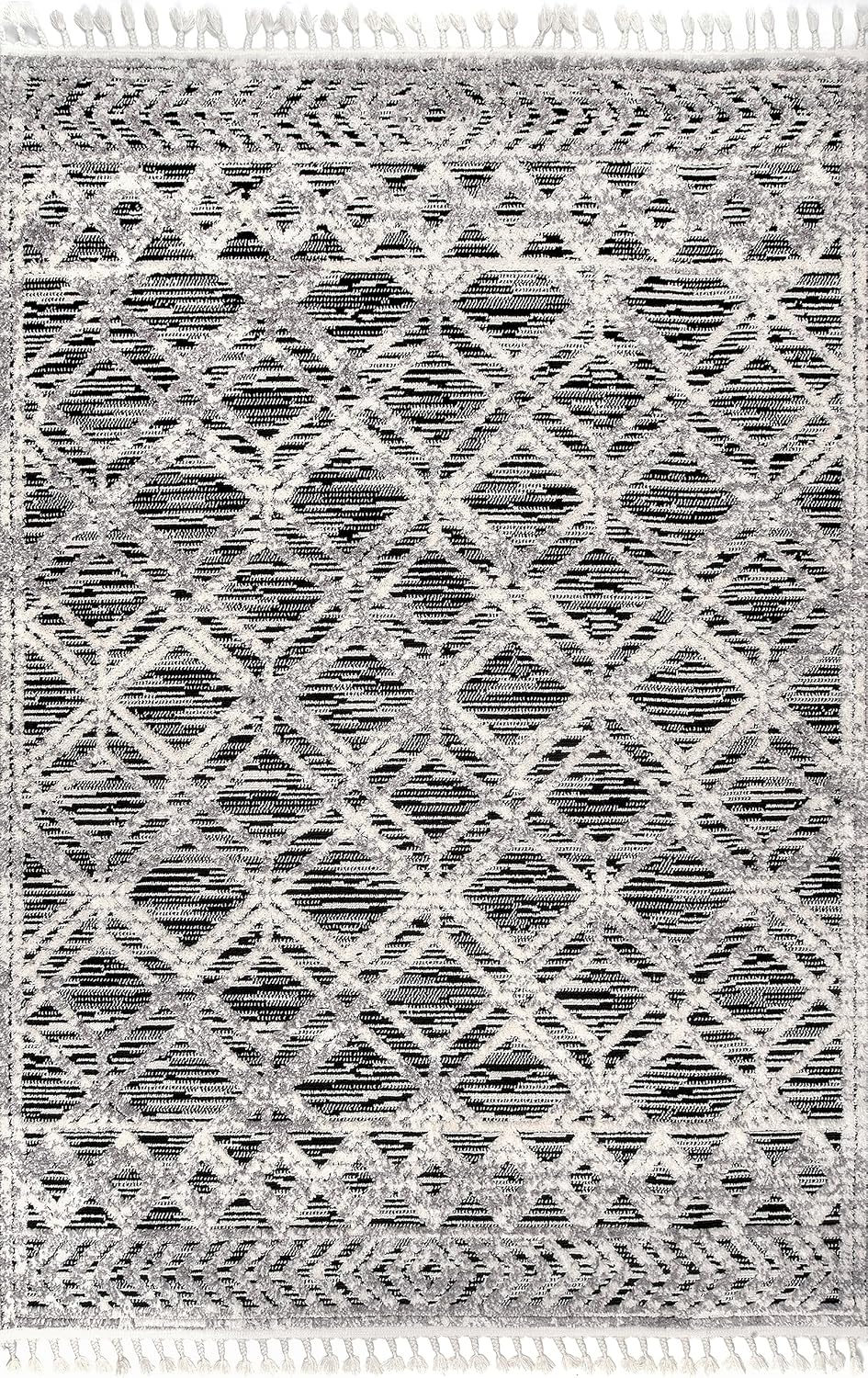 Ansley Moroccan Lattice Tassel Area Rug - 7x9 Area Rug Modern/Contemporary Grey/Off-White Rugs Bedroom Dining Room