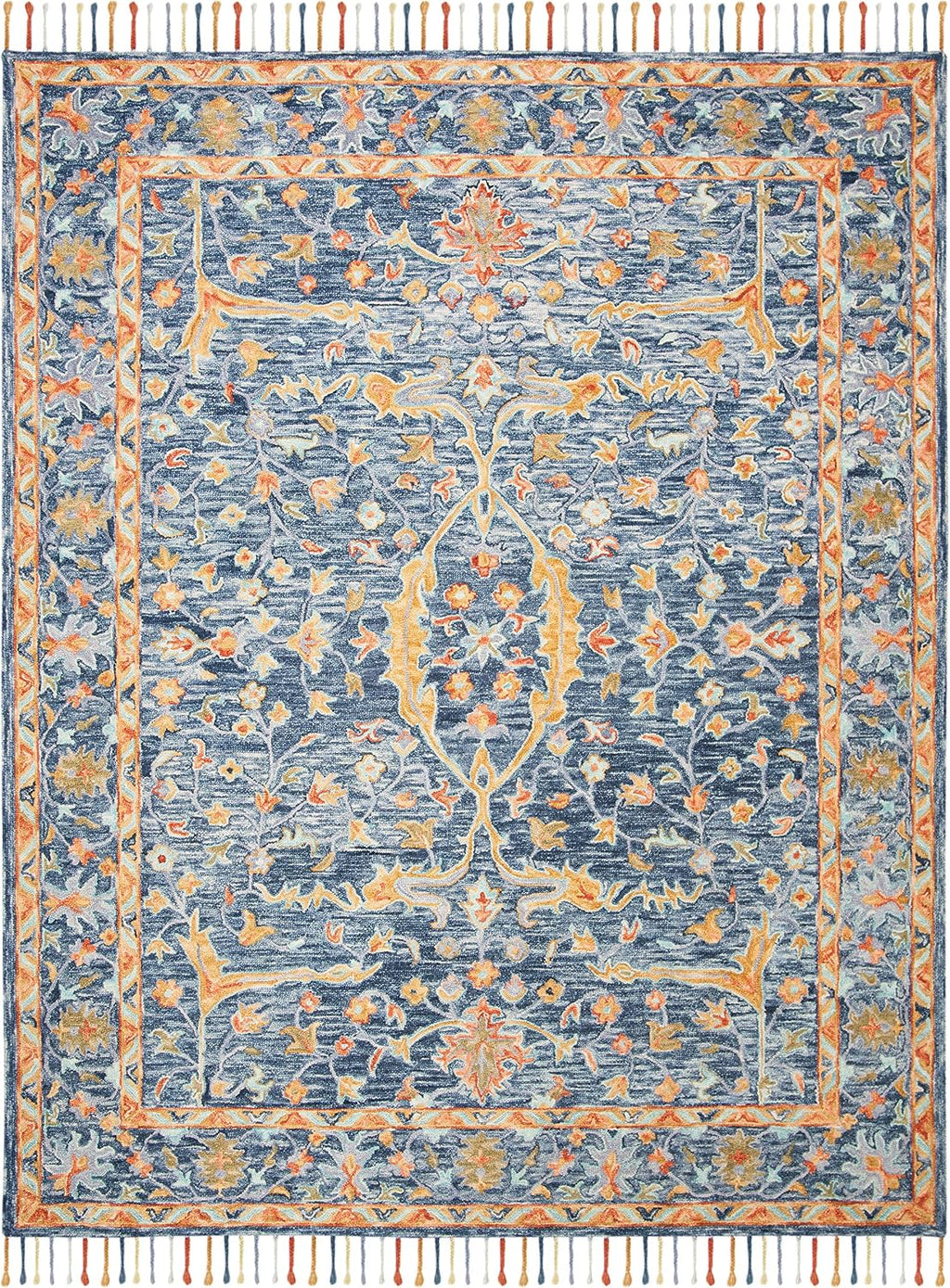Aspen Collection Area Rug, Blue & Rust, Handmade Boho Braided Tassel Wool, Ideal for High Traffic Areas in