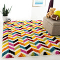 Kids Shag Collection Area Rug - 6'7" Square, Ivory & Multi, Rainbow Chevron Design, Non-Shedding & Easy Care, 2-inch