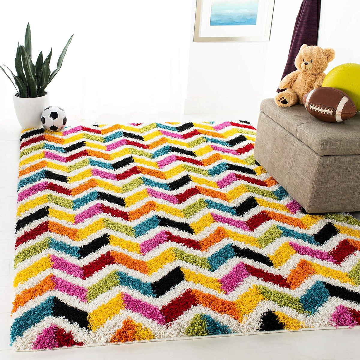 Kids Shag Collection Area Rug - 6'7" Square, Ivory & Multi, Rainbow Chevron Design, Non-Shedding & Easy Care, 2-inch