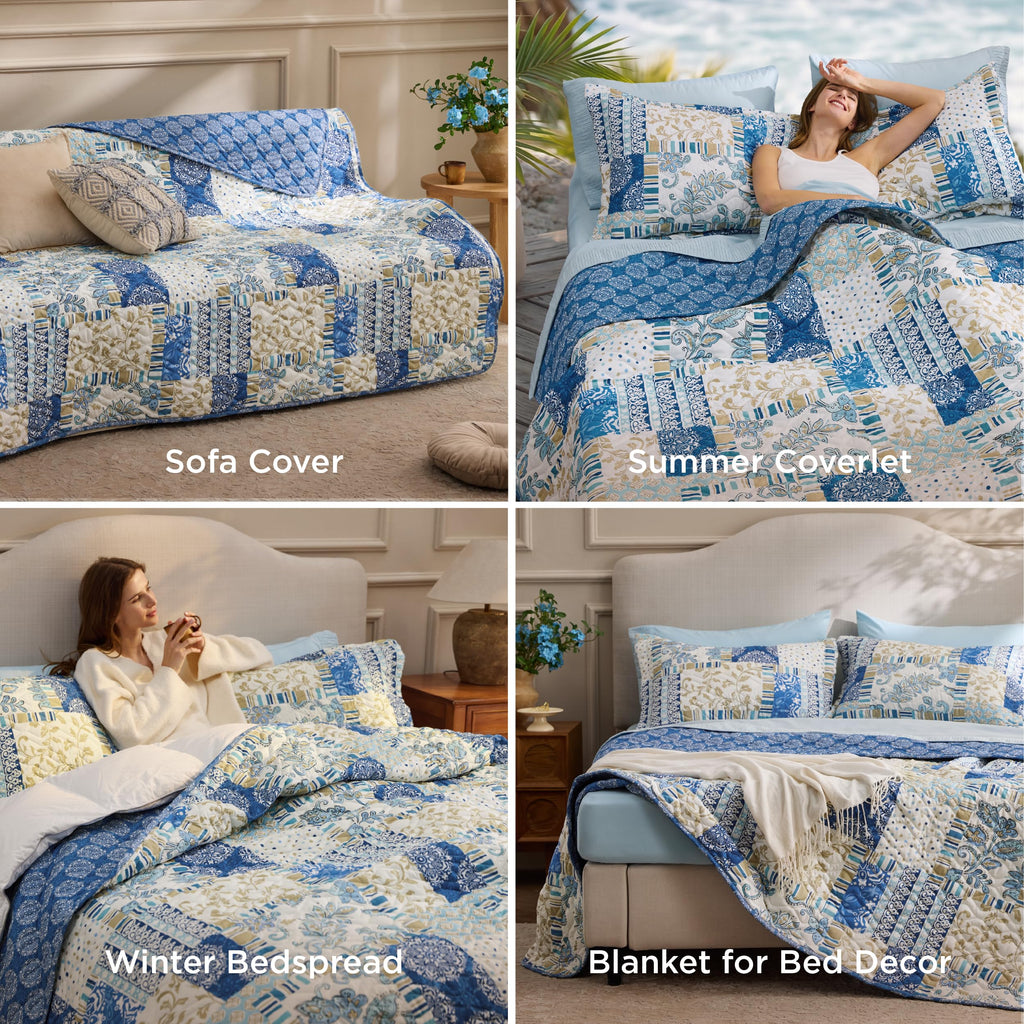Patchwork Quilt, Reversible Boho Comforter Bedding, Blue