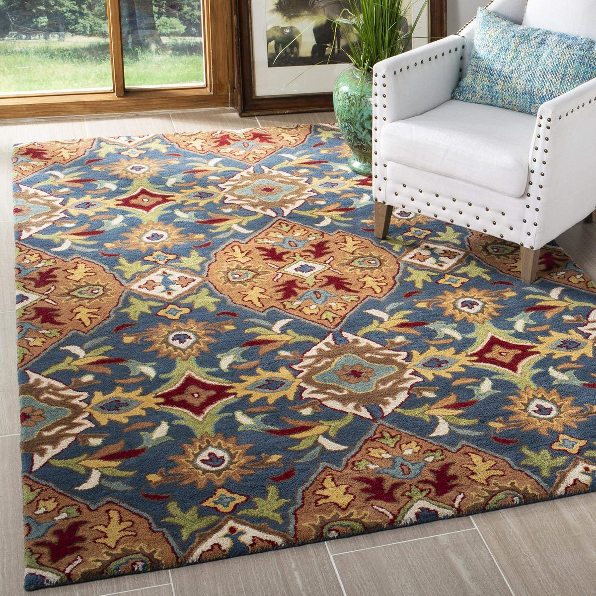 Heritage Collection Area Rug, Camel & Blue, Handmade Traditional Oriental Wool, Ideal for High Traffic