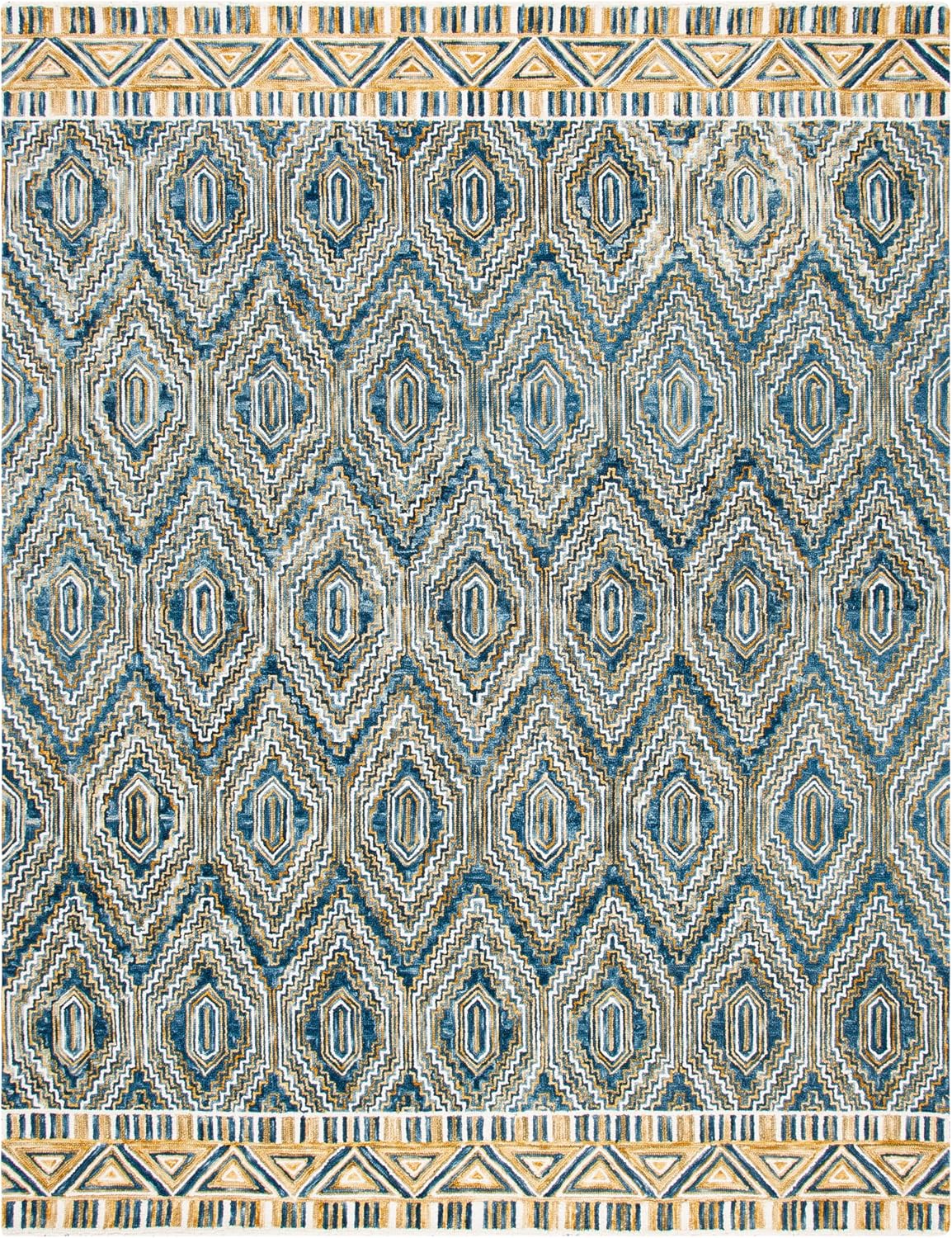 Aspen Collection Area Rug, Blue & Gold, Handmade Boho Wool, Ideal for High Traffic Areas in Living Room