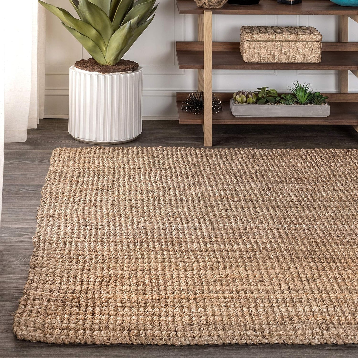 Pata Hand Woven Chunky Jute Natural Area Rug, Bohemian, Rustic, Cottage, Easy-Cleaning