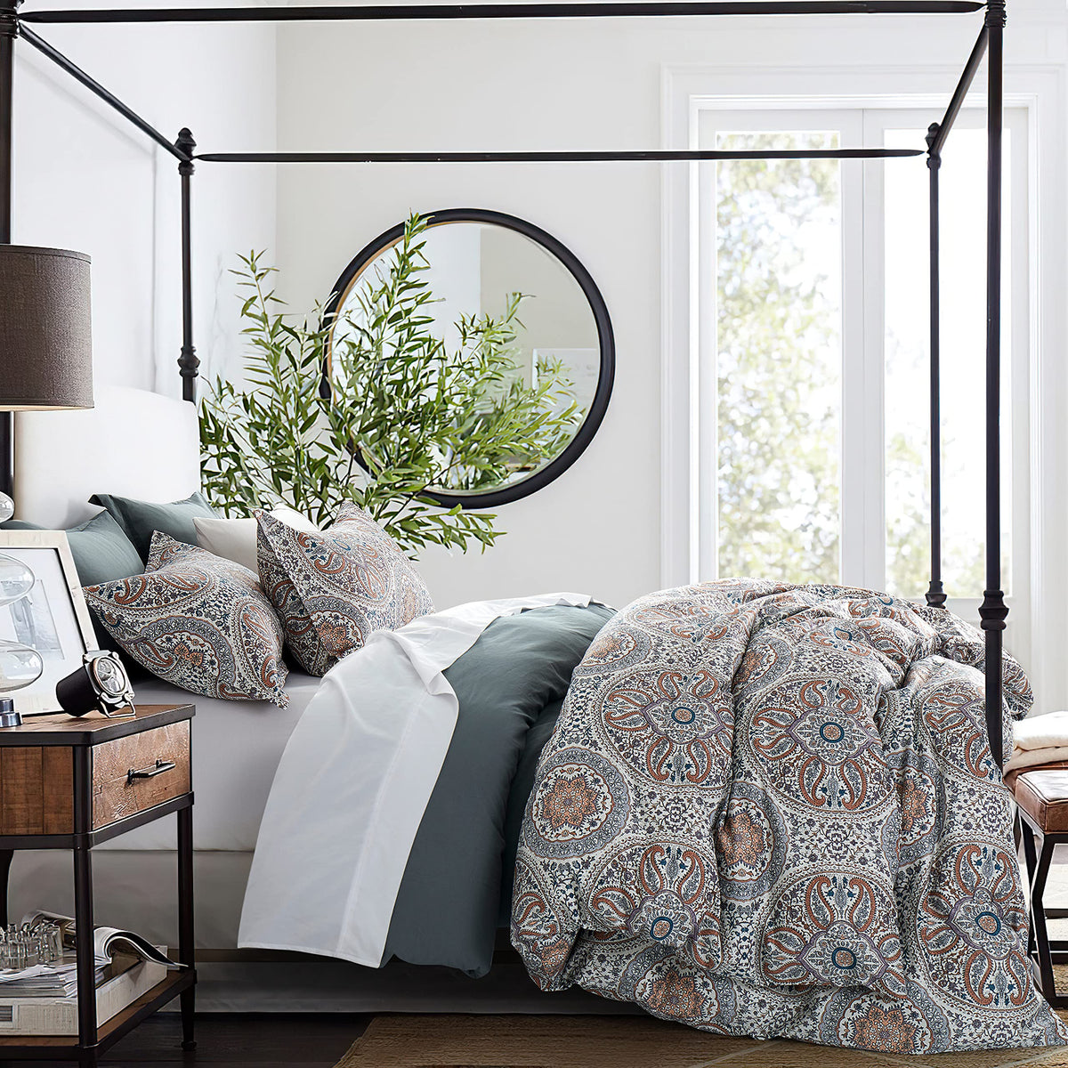 Boho Floral Medallions Duvet Cover 3pc Set Bohemian Paisley Bedding Boteh Damask Circles Egyptian Cotton Sateen