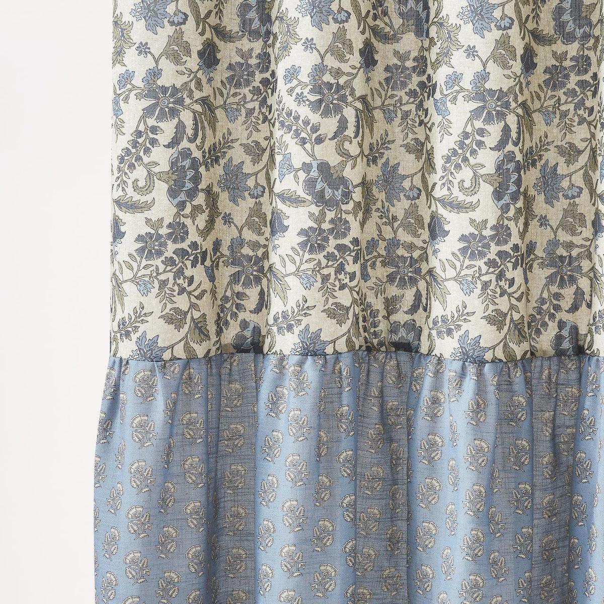 Lillian Block Print Linen Textured Single 72" W x 72" L Blue & Sage - Vintage Floral Shower Curtains - Ruffled Bath