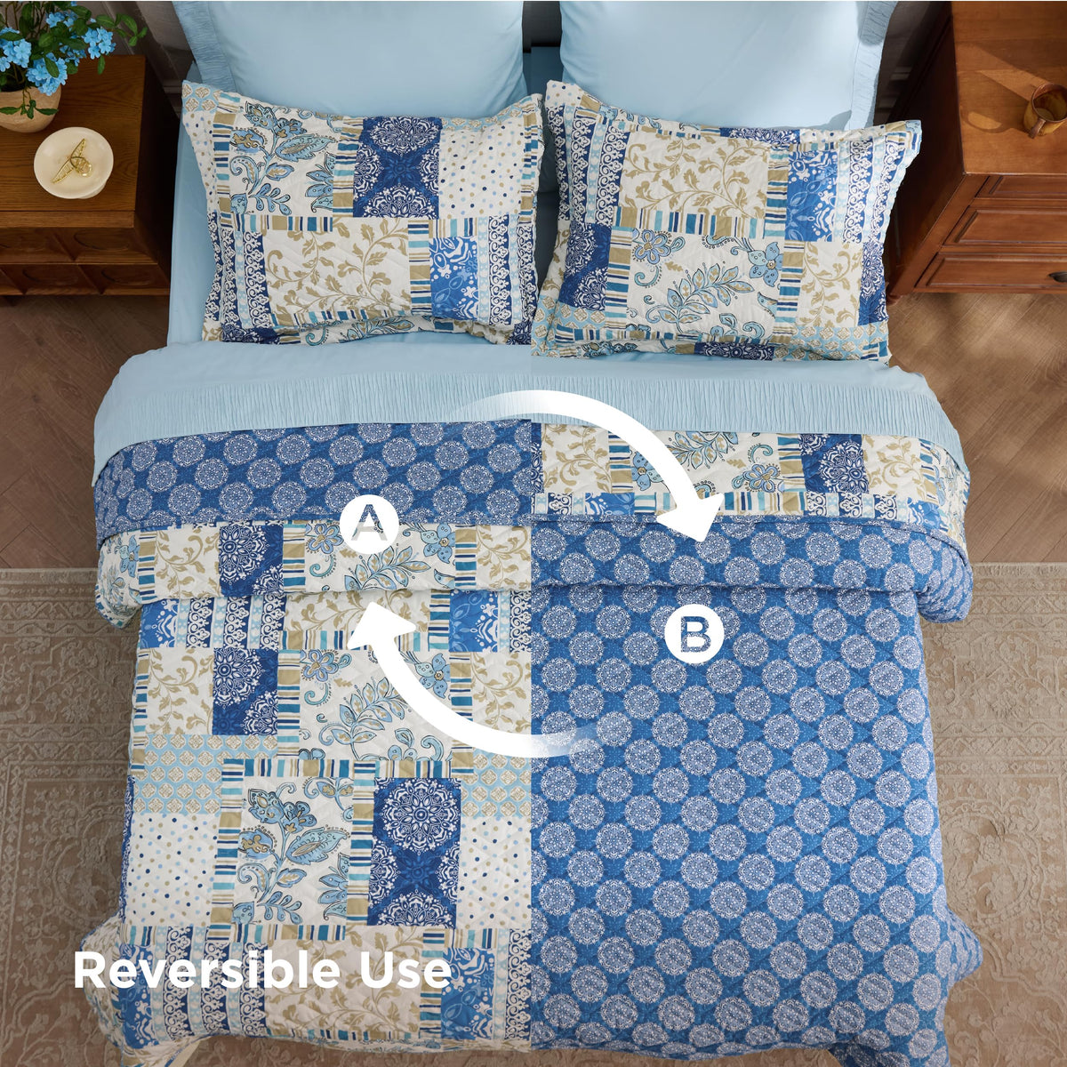 Patchwork Quilt, Reversible Boho Comforter Bedding, Blue