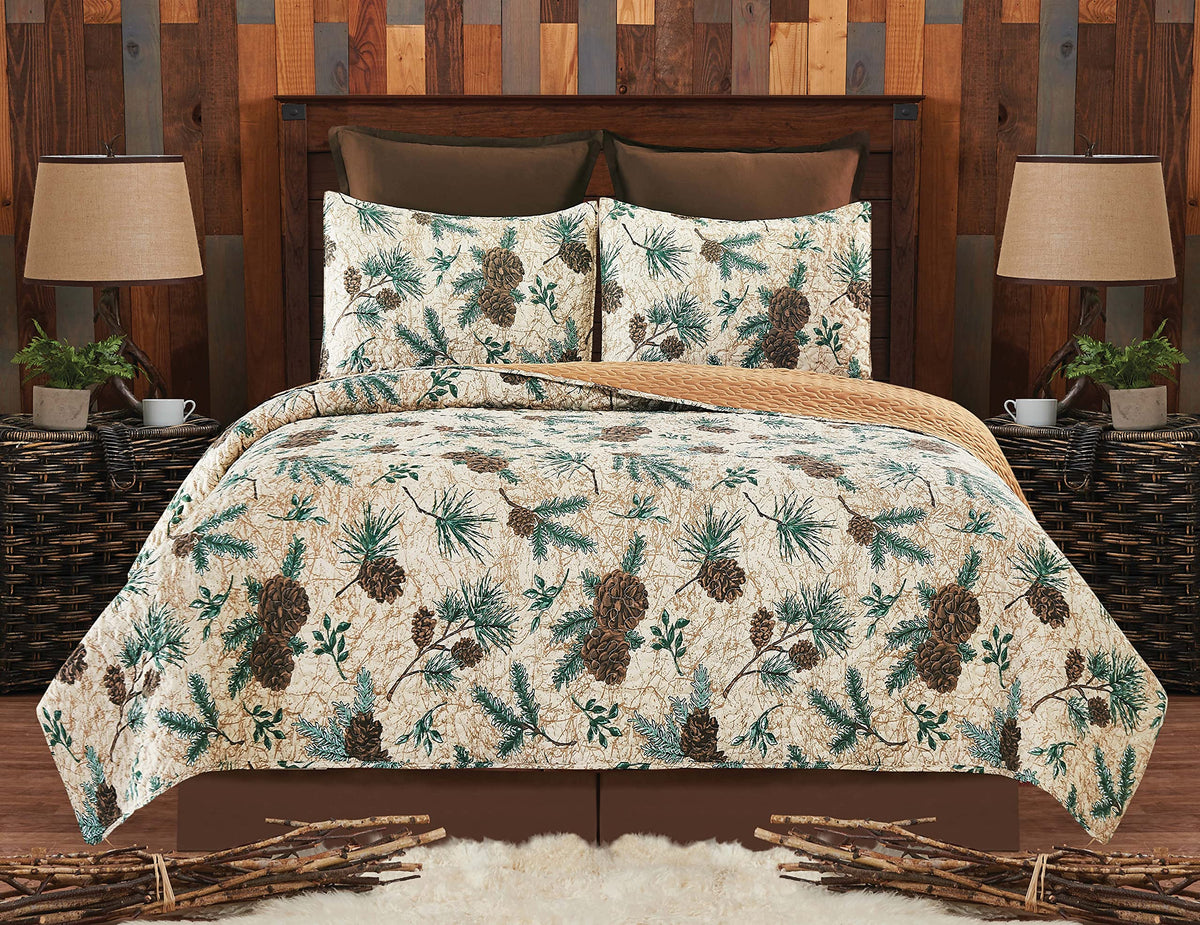 Rustic Pinecones & Needles Quilt Set Lodge Cabin Bedding w/ Sham