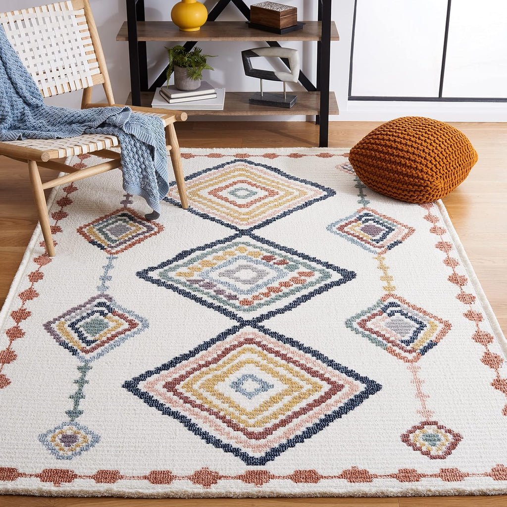 Marrakech Collection Area Rug, Ivory & Multi, Moroccan Boho Tribal Rustic Design, Non-Shedding & Easy