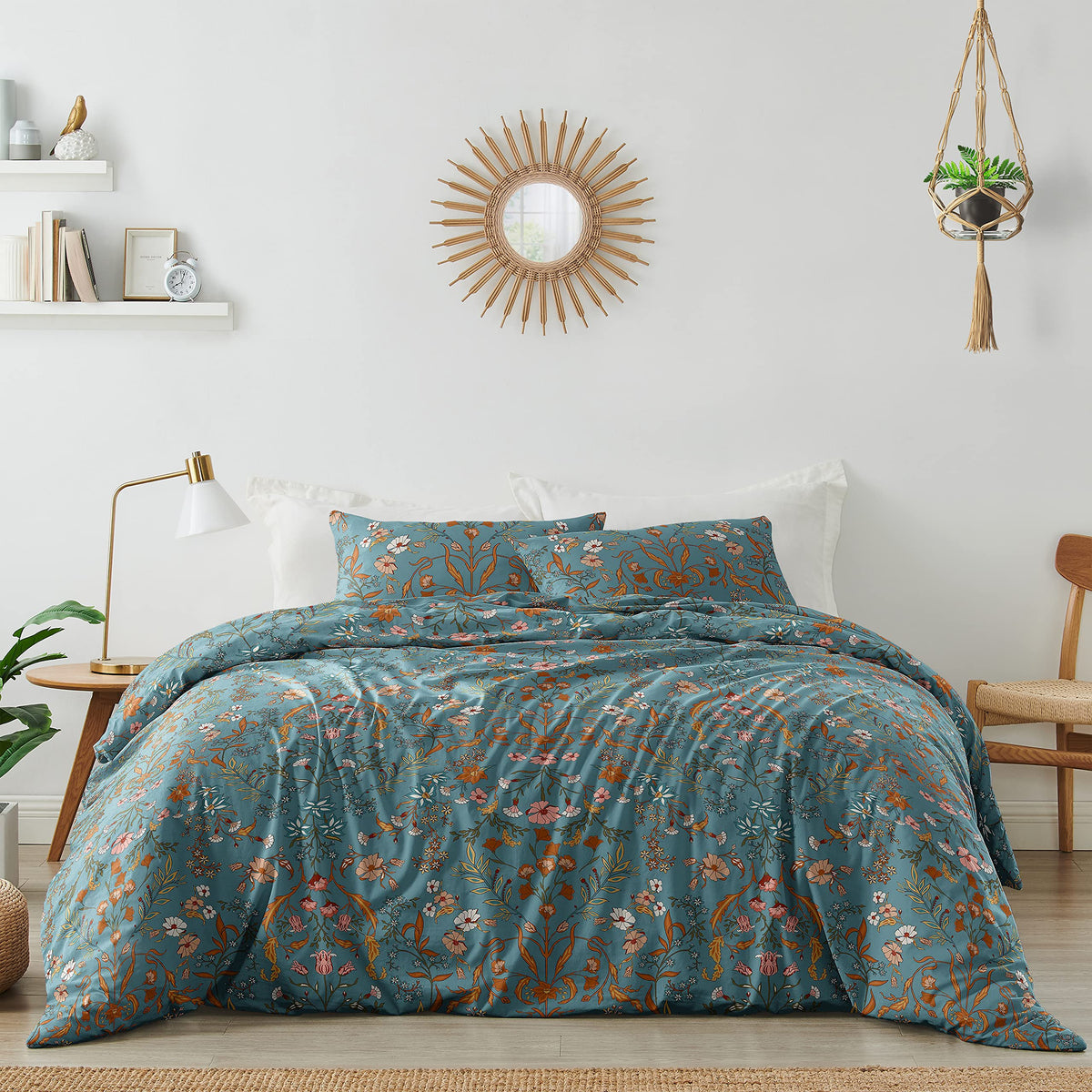 Boho Bohemian Farmhouse Teal Blue and Orange Wildflower Garden Floral Duvet Comforter Cover and Sham 3 pc