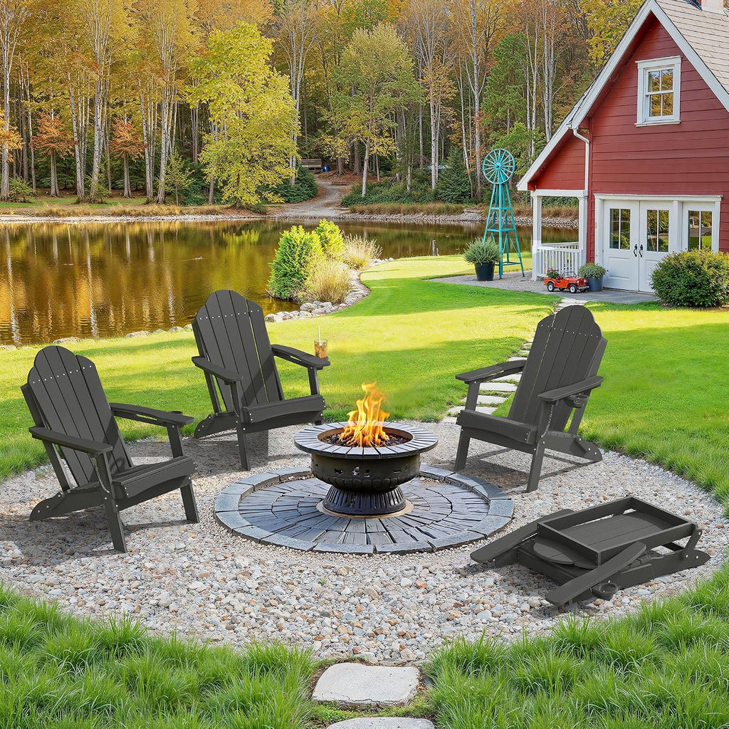 HDPE Folding Adirondack Chair, Cup Holder, Set of 2, Black | HDPE poly lumber, folable, all-weather resistant, Low