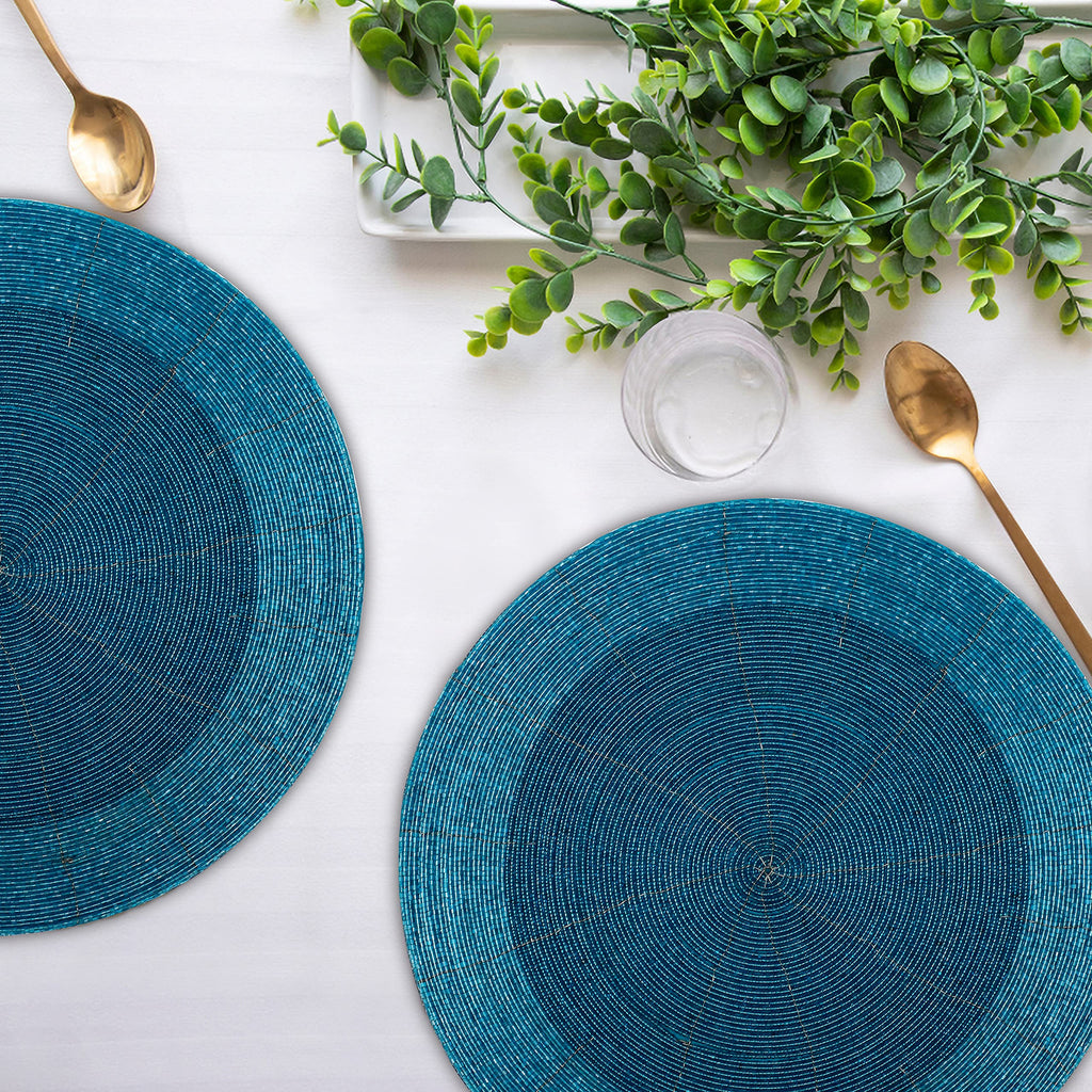 Lightnpro Handmade Beaded Placemats Set of 4 - 13 Inch Round Turquoise Blue Charger Mats | Handcrafted Artisan Table