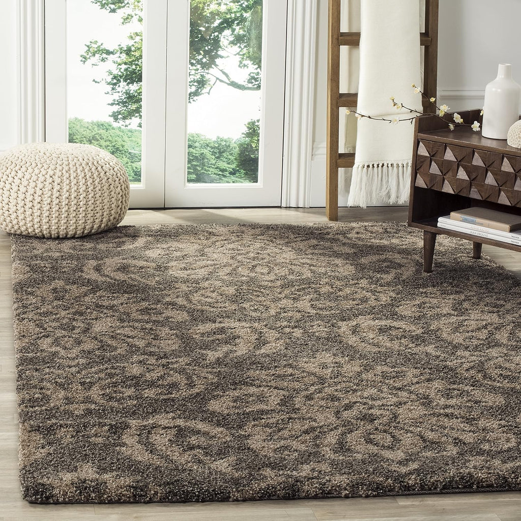 Florida Shag Collection Area Rug - 4' Square, Smoke & Beige, Damask Design, Non-Shedding & Easy Care, 1.2-inch Thick