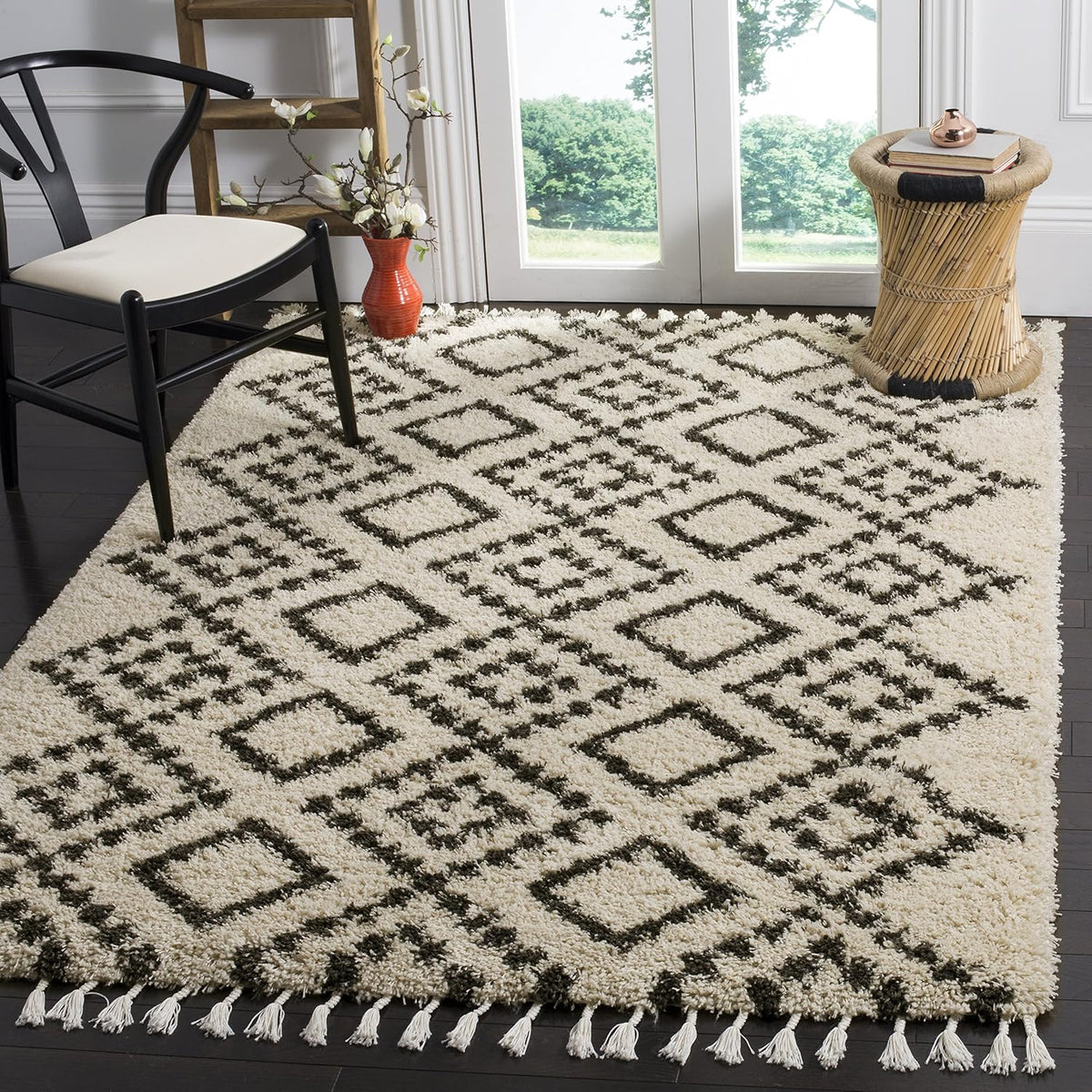 Moroccan Fringe Shag Collection Accent Rug - 4' x 6', Cream & Charcoal, Tribal, Non-Shedding & Easy Care, 2-inch