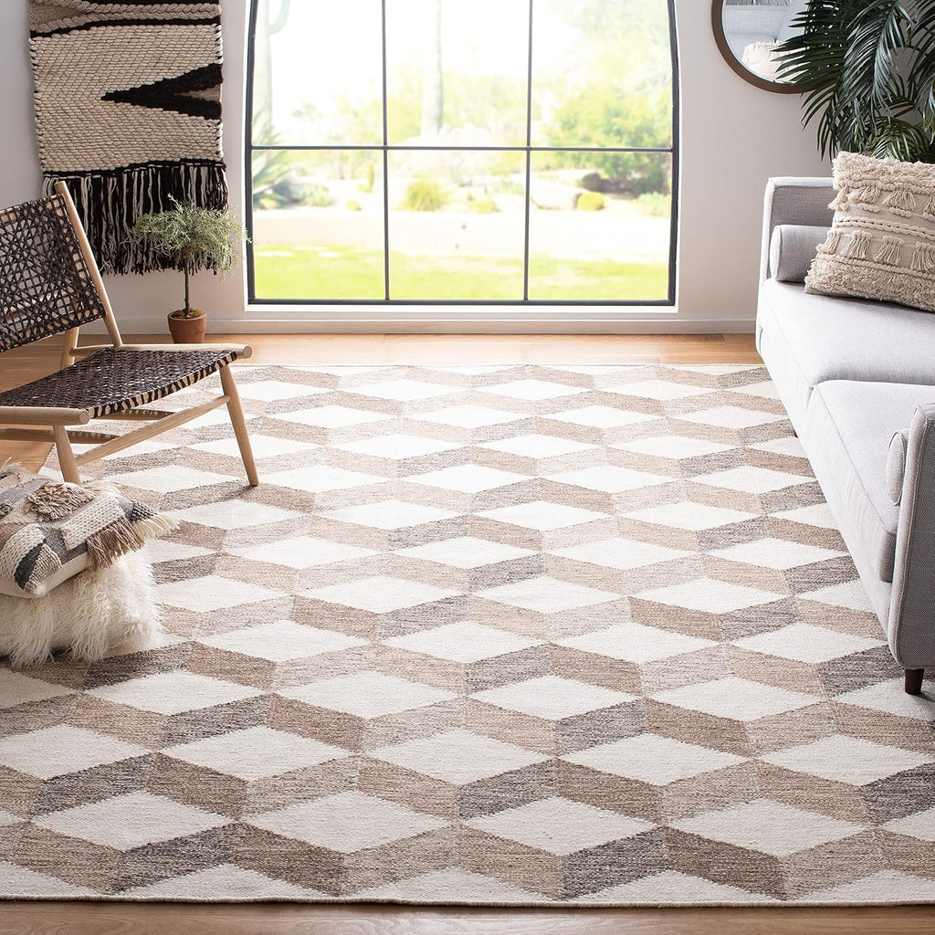 Area Rug - Kilim Collection - Large - Ivory & Brown, Handmade Flat Weave Wool, Reversible, Modern Geometric