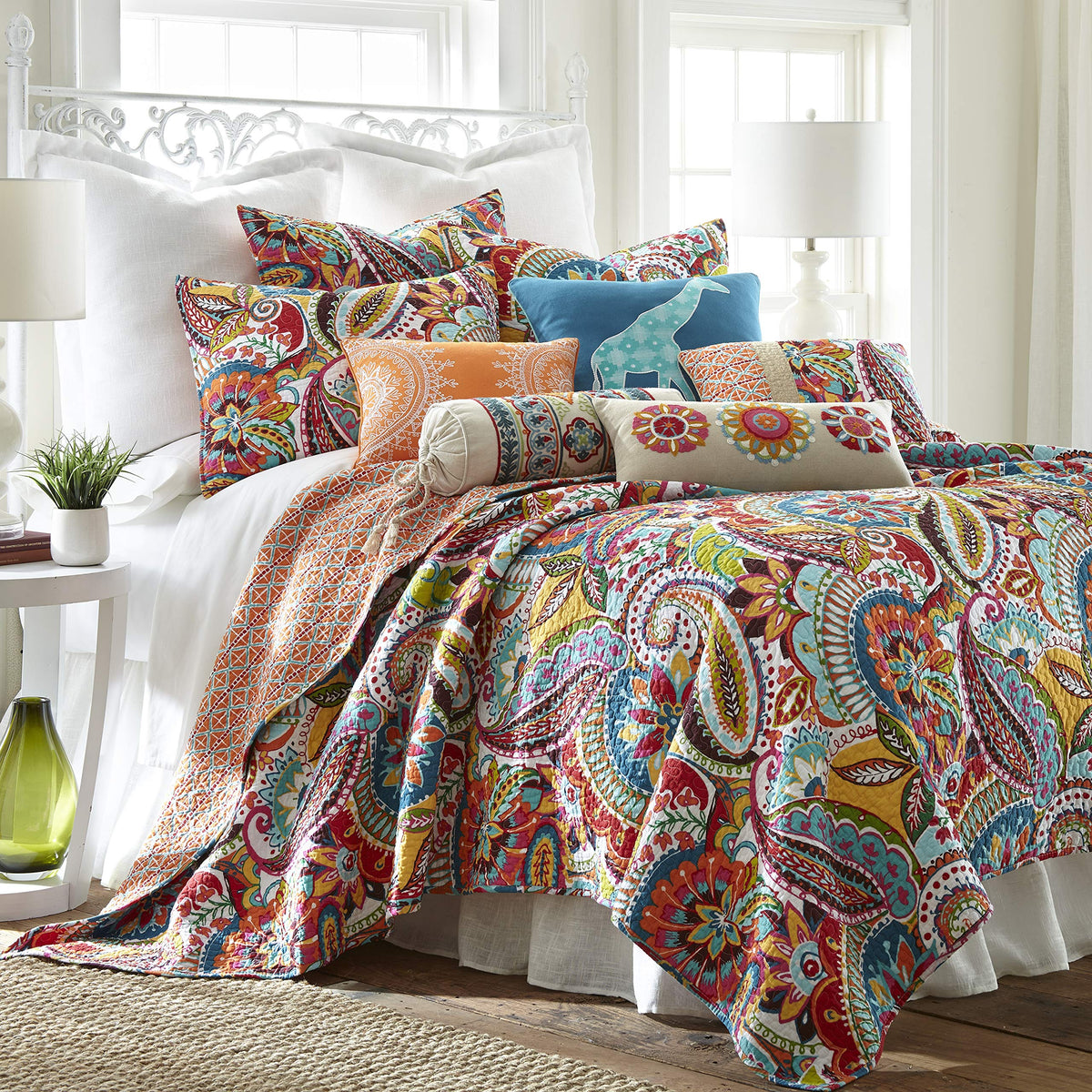 Rhapsody Quilt Set - King Quilt + Two King Pillow Shams - Paisley in Yellow Orange Red Green Blues - Quilt Size (106